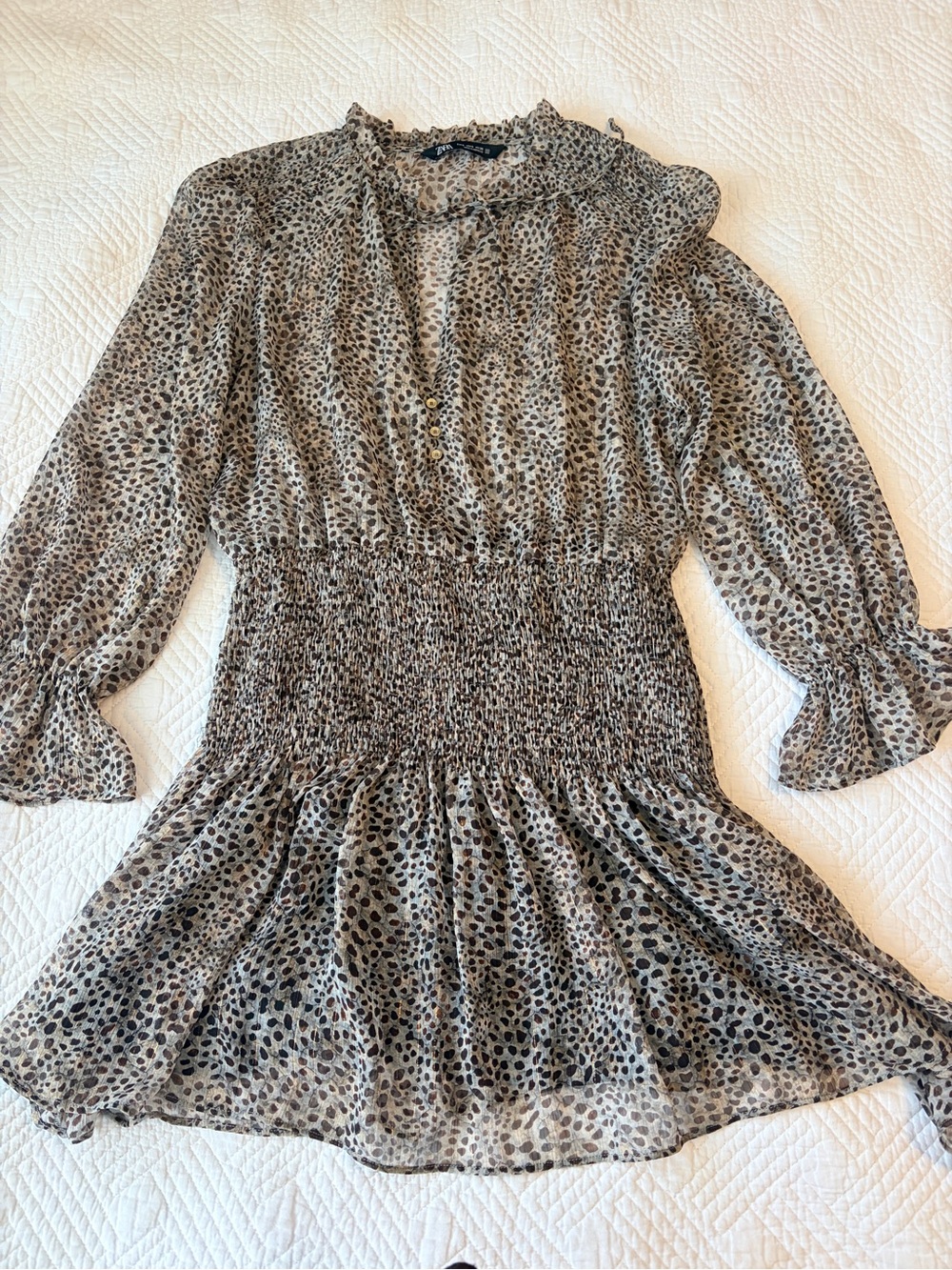 Zara Smocked Waist Boho Leopard Print Chiffon Tunic Mini Dress